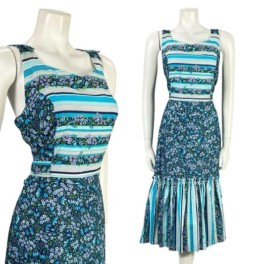 VTG 70S BLUE WHITE PURPLE GREEN FLORAL STRIPE COTTAGE RUFFLE SUN DRESS 10 12