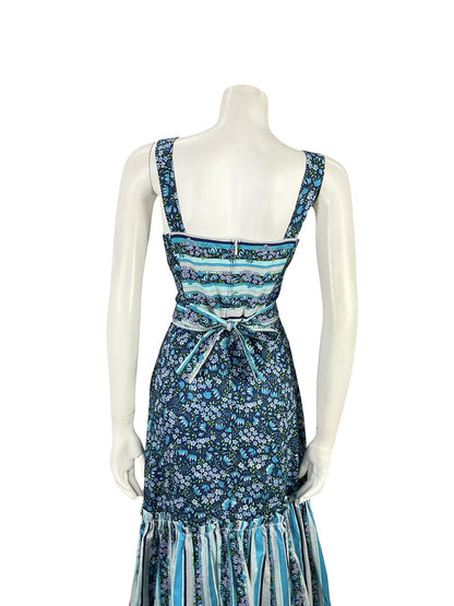 VTG 70S BLUE WHITE PURPLE GREEN FLORAL STRIPE COTTAGE RUFFLE SUN DRESS 10 12