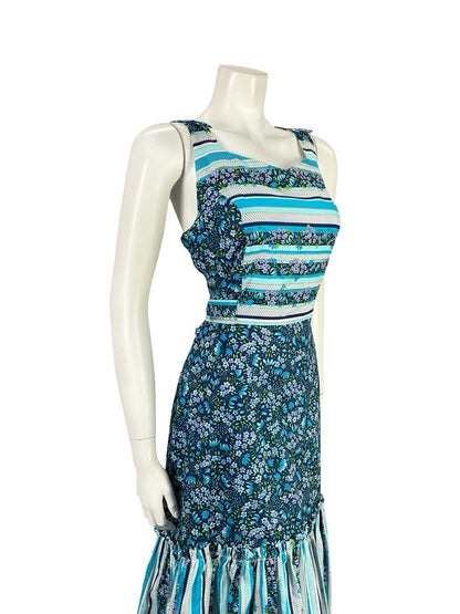 VTG 70S BLUE WHITE PURPLE GREEN FLORAL STRIPE COTTAGE RUFFLE SUN DRESS 10 12
