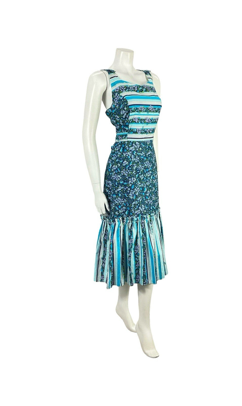 VTG 70S BLUE WHITE PURPLE GREEN FLORAL STRIPE COTTAGE RUFFLE SUN DRESS 10 12