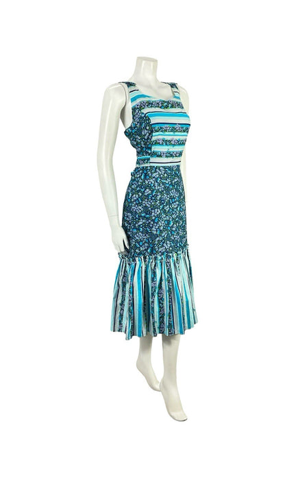 VTG 70S BLUE WHITE PURPLE GREEN FLORAL STRIPE COTTAGE RUFFLE SUN DRESS 10 12