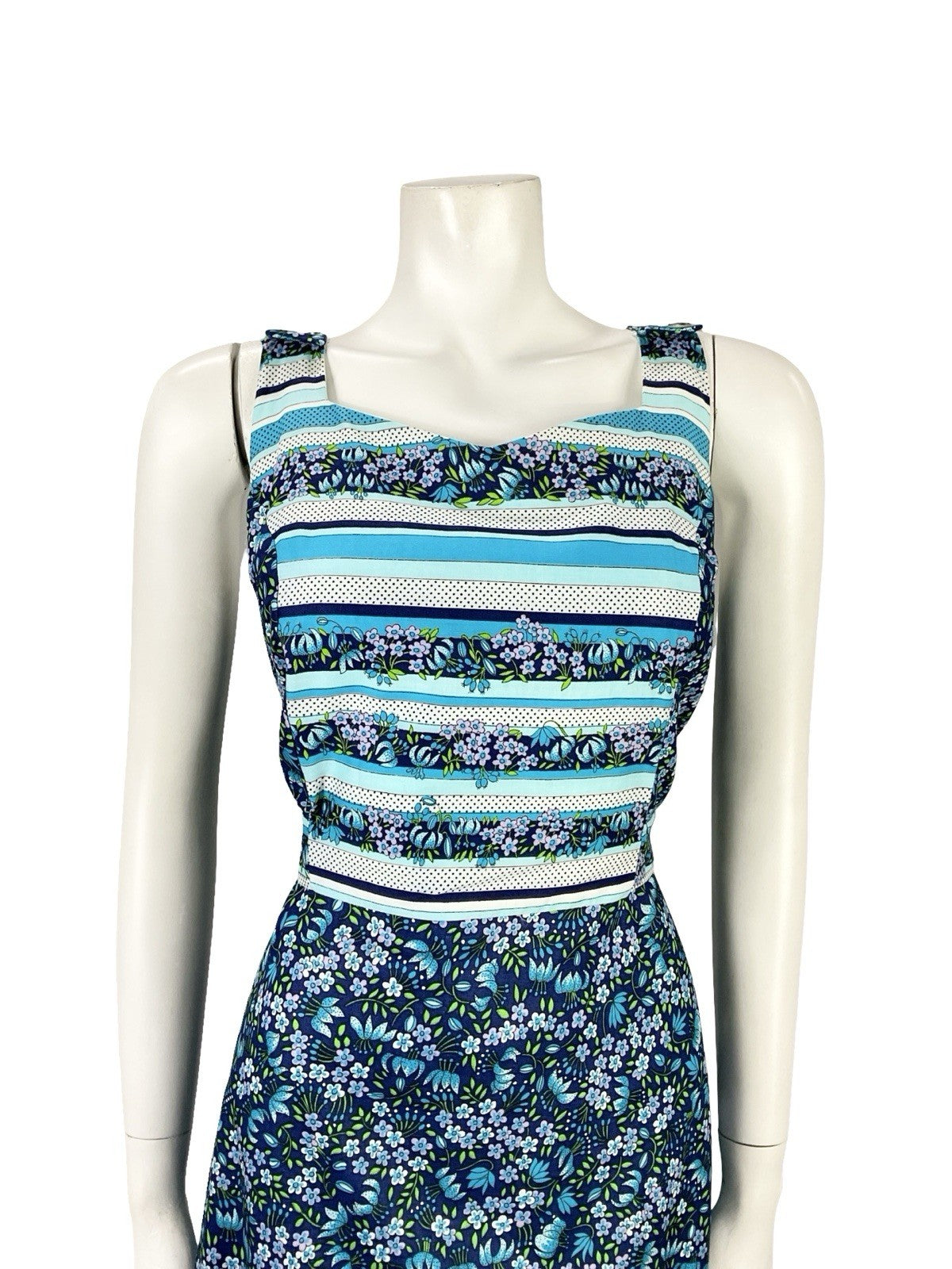VTG 70S BLUE WHITE PURPLE GREEN FLORAL STRIPE COTTAGE RUFFLE SUN DRESS 10 12