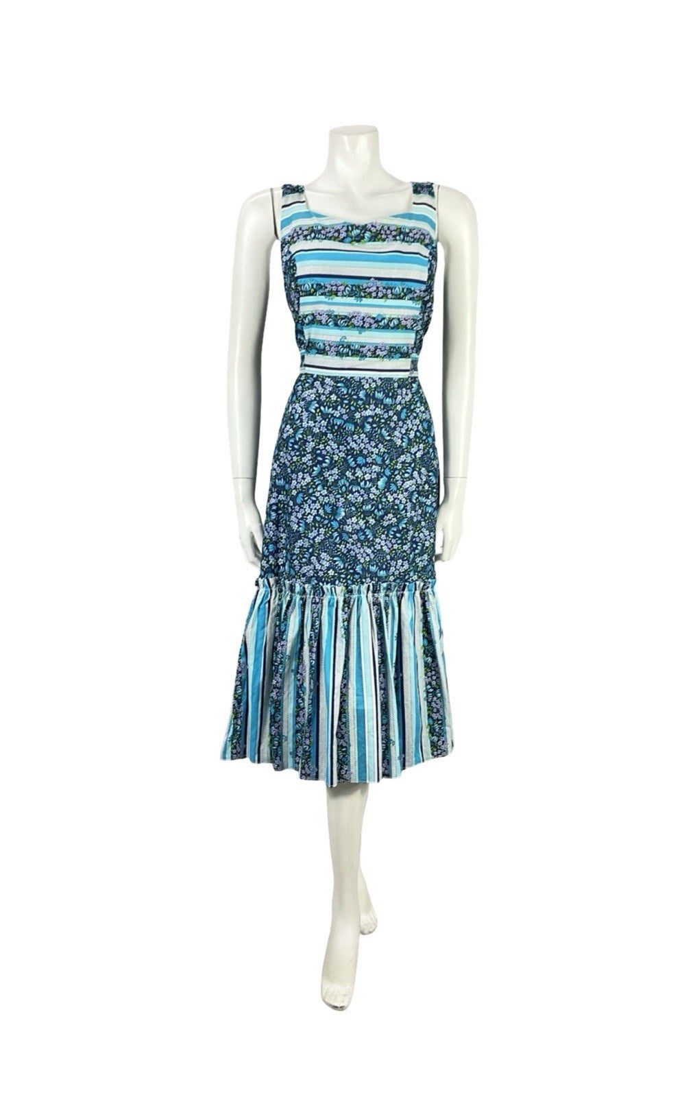 VTG 70S BLUE WHITE PURPLE GREEN FLORAL STRIPE COTTAGE RUFFLE SUN DRESS 10 12