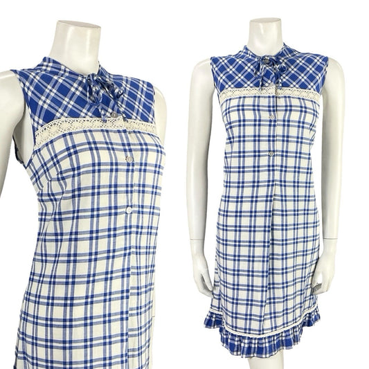 VTG 60S 70S MOD COTTAGE NAVY BLUE WHITE PLAID LACE RUFFLE SHIFT MINI DRESS 12