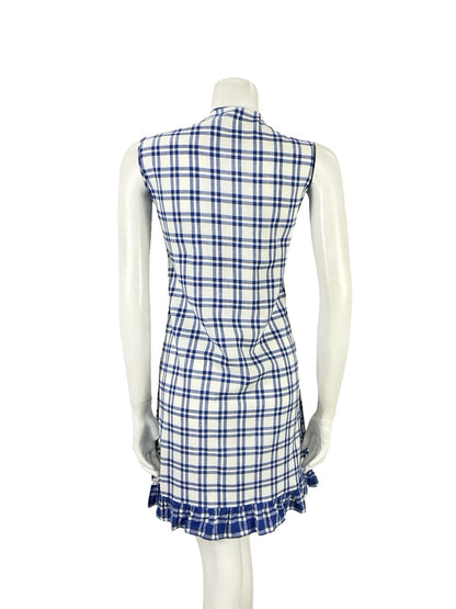 VTG 60S 70S MOD COTTAGE NAVY BLUE WHITE PLAID LACE RUFFLE SHIFT MINI DRESS 12