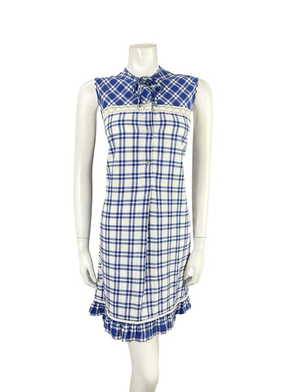 VTG 60S 70S MOD COTTAGE NAVY BLUE WHITE PLAID LACE RUFFLE SHIFT MINI DRESS 12