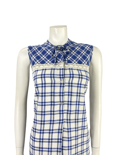 VTG 60S 70S MOD COTTAGE NAVY BLUE WHITE PLAID LACE RUFFLE SHIFT MINI DRESS 12