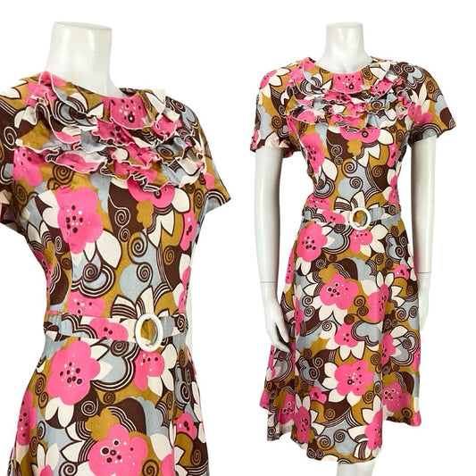 VTG 60S PINK BROWN GREY WHITE PSYCHEDELIC MOD RUFFLE SPIRAL FLORAL DRESS 12