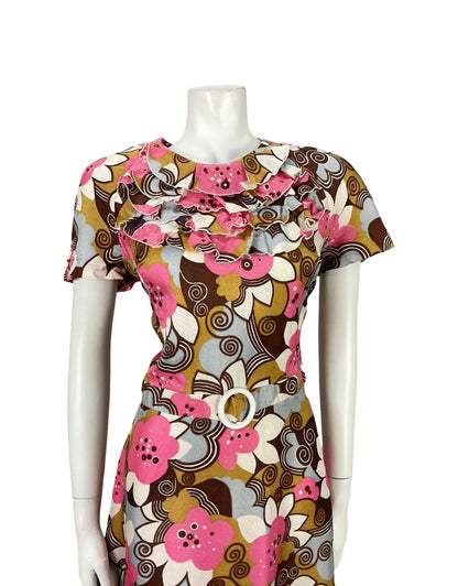 VTG 60S PINK BROWN GREY WHITE PSYCHEDELIC MOD RUFFLE SPIRAL FLORAL DRESS 12