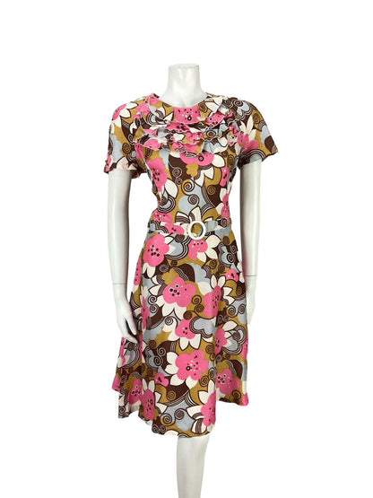 VTG 60S PINK BROWN GREY WHITE PSYCHEDELIC MOD RUFFLE SPIRAL FLORAL DRESS 12
