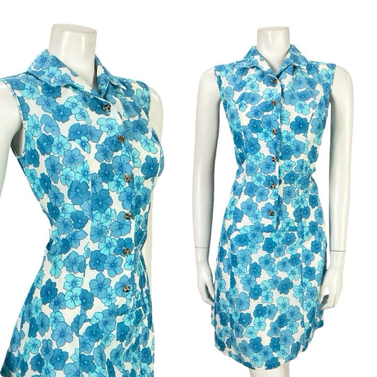 VTG 60S MOD GOGO WHITE BLUE FLORAL SHIFT SHIRT MINI DRESS 12