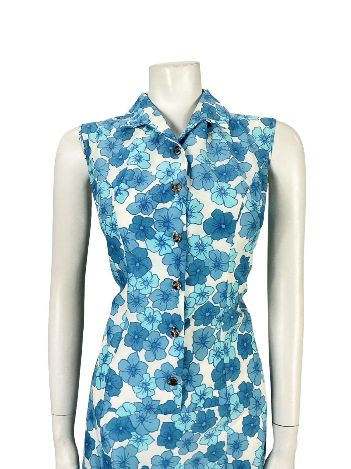 VTG 60S MOD GOGO WHITE BLUE FLORAL SHIFT SHIRT MINI DRESS 12
