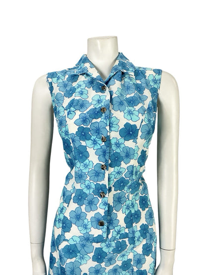 VTG 60S MOD GOGO WHITE BLUE FLORAL SHIFT SHIRT MINI DRESS 12