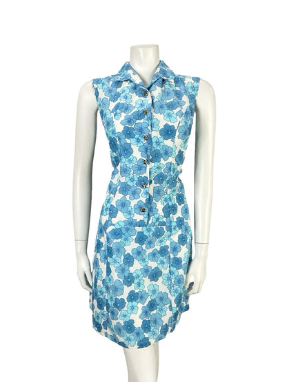 VTG 60S MOD GOGO WHITE BLUE FLORAL SHIFT SHIRT MINI DRESS 12