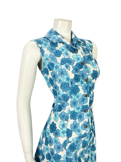 VTG 60S MOD GOGO WHITE BLUE FLORAL SHIFT SHIRT MINI DRESS 12