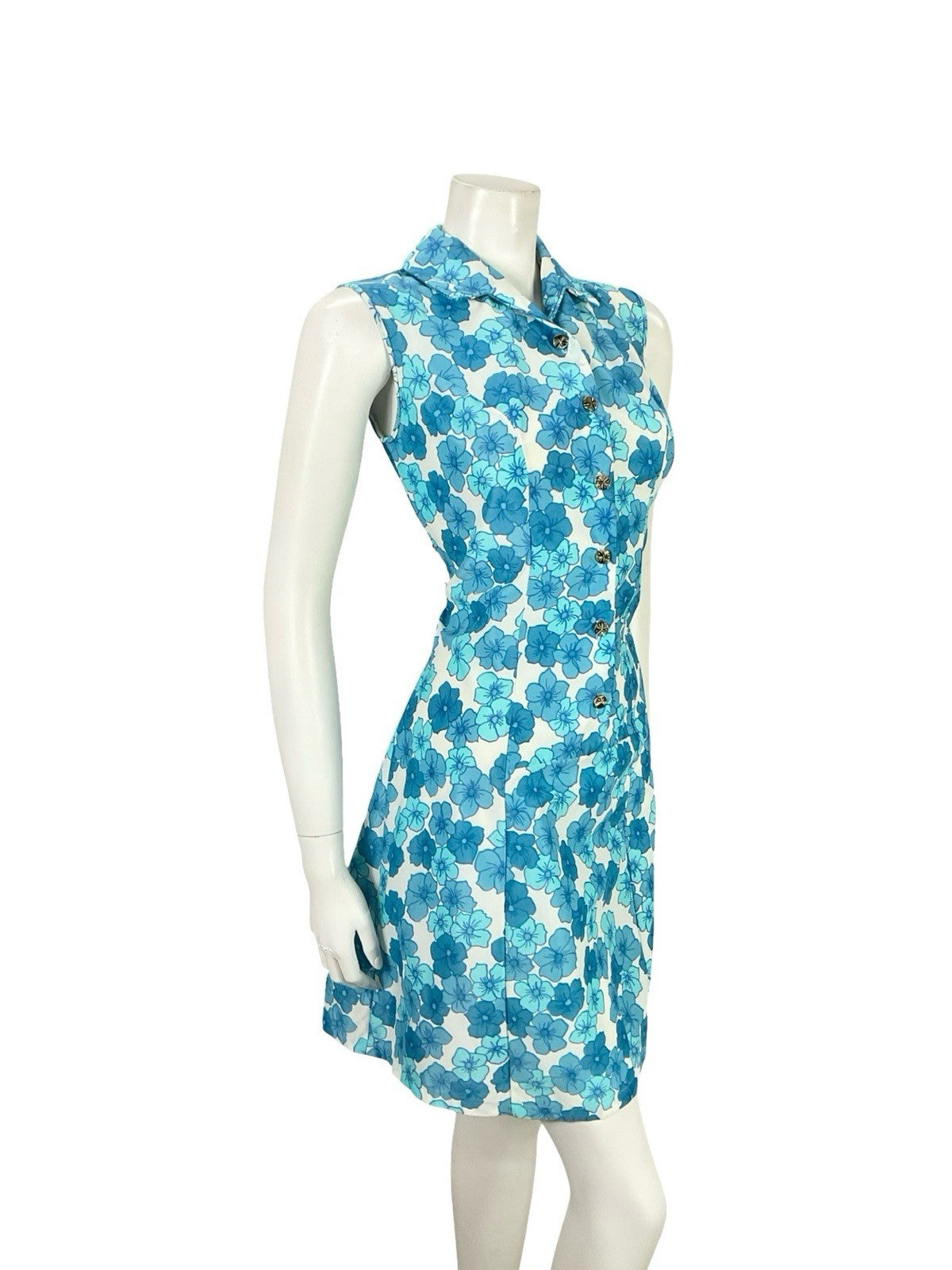 VTG 60S MOD GOGO WHITE BLUE FLORAL SHIFT SHIRT MINI DRESS 12