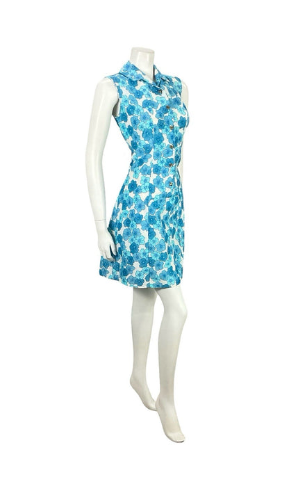 VTG 60S MOD GOGO WHITE BLUE FLORAL SHIFT SHIRT MINI DRESS 12