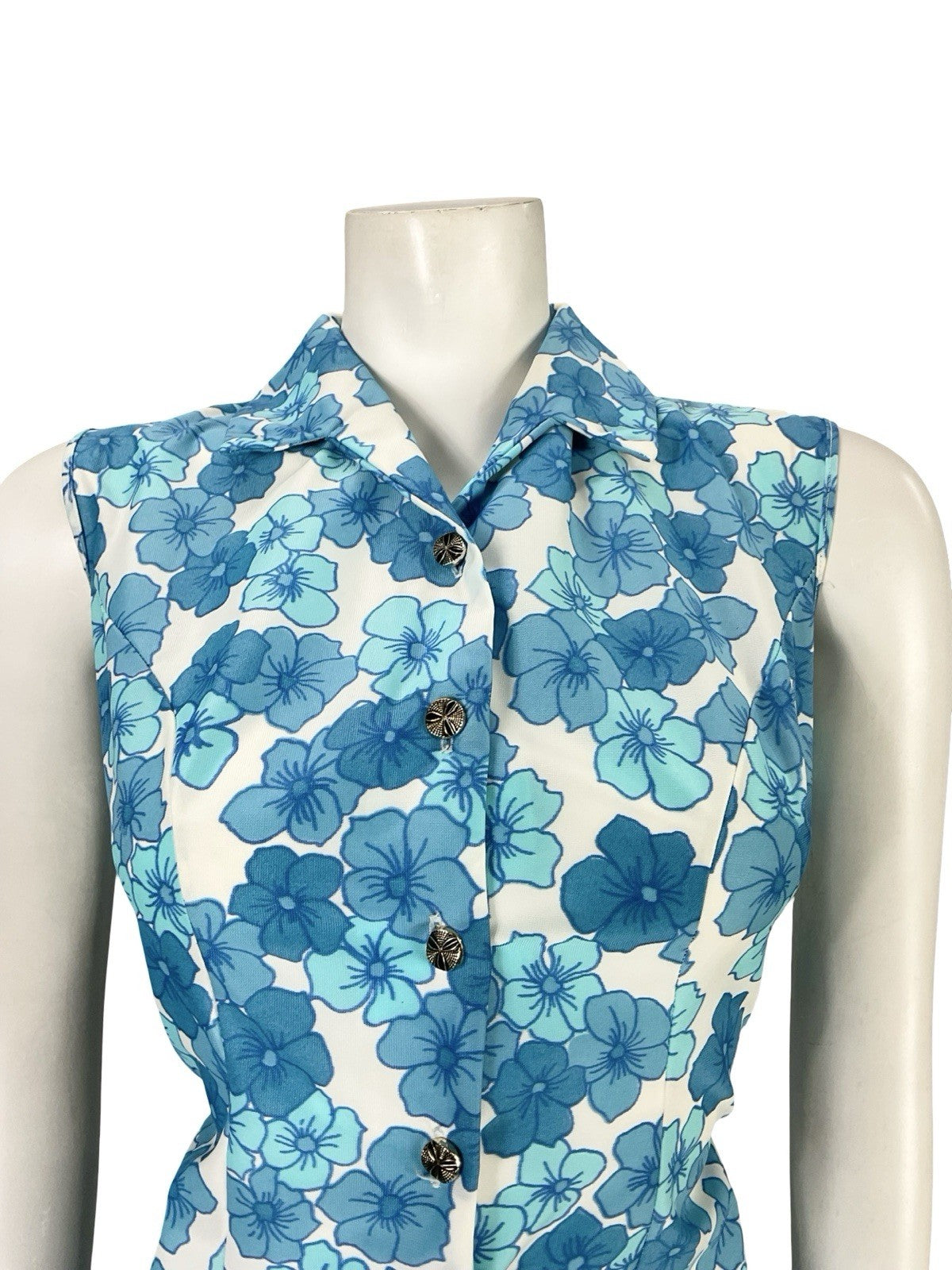 VTG 60S MOD GOGO WHITE BLUE FLORAL SHIFT SHIRT MINI DRESS 12