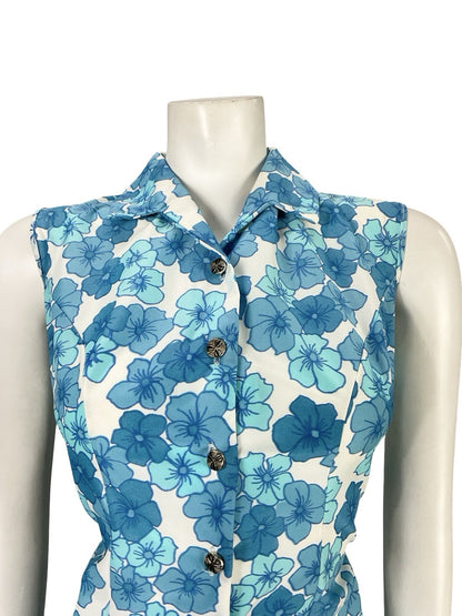 VTG 60S MOD GOGO WHITE BLUE FLORAL SHIFT SHIRT MINI DRESS 12