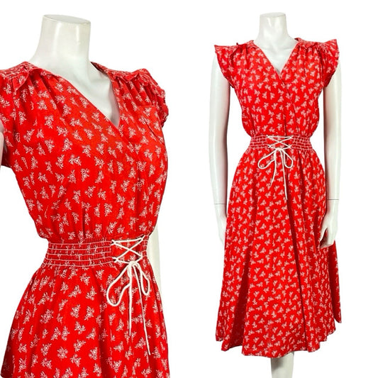 VTG 70S RED WHITE DITSY FLORAL FOLK RUFFLE ELASTICATED LACE UP DRESS S 8 10