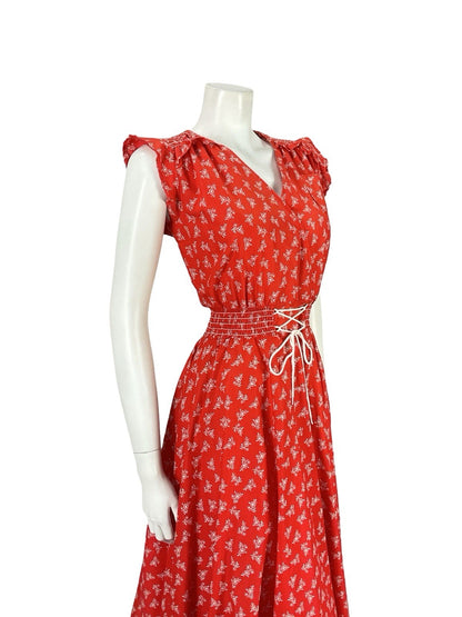 VTG 70S RED WHITE DITSY FLORAL FOLK RUFFLE ELASTICATED LACE UP DRESS S 8 10