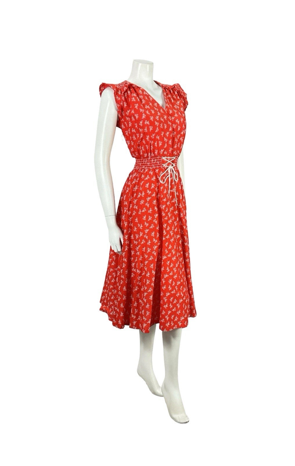 VTG 70S RED WHITE DITSY FLORAL FOLK RUFFLE ELASTICATED LACE UP DRESS S 8 10
