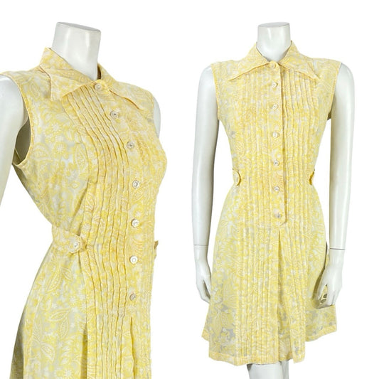 VTG 60S YELLOW WHITE PSYCHEDELIC MOD PLEATED PAISLEY FLORAL MINI SHIRT DRESS 12