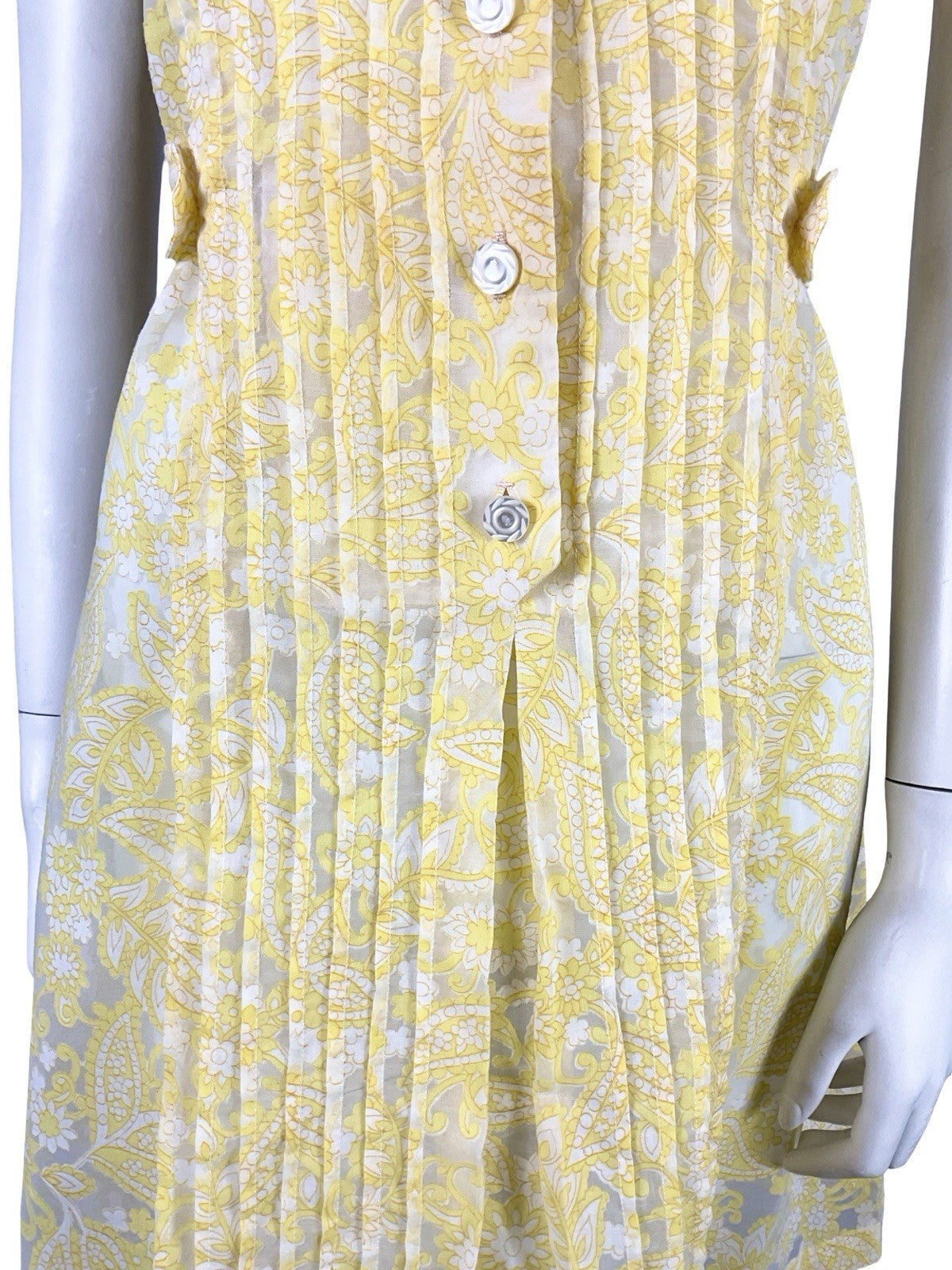 VTG 60S YELLOW WHITE PSYCHEDELIC MOD PLEATED PAISLEY FLORAL MINI SHIRT DRESS 12