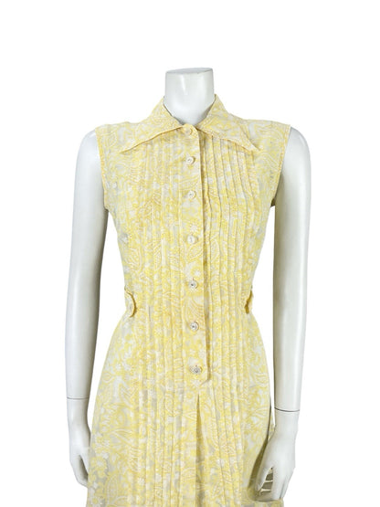 VTG 60S YELLOW WHITE PSYCHEDELIC MOD PLEATED PAISLEY FLORAL MINI SHIRT DRESS 12