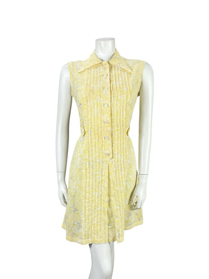 VTG 60S YELLOW WHITE PSYCHEDELIC MOD PLEATED PAISLEY FLORAL MINI SHIRT DRESS 12