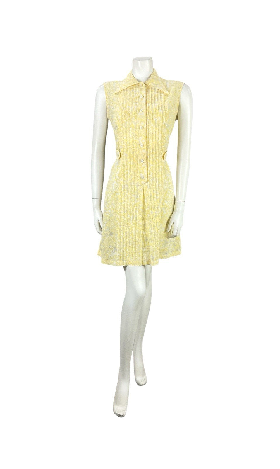 VTG 60S YELLOW WHITE PSYCHEDELIC MOD PLEATED PAISLEY FLORAL MINI SHIRT DRESS 12