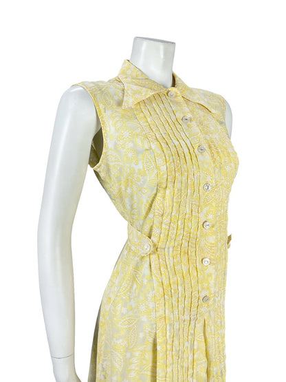 VTG 60S YELLOW WHITE PSYCHEDELIC MOD PLEATED PAISLEY FLORAL MINI SHIRT DRESS 12