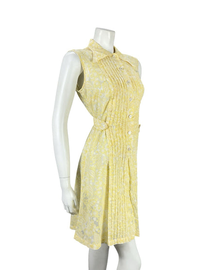 VTG 60S YELLOW WHITE PSYCHEDELIC MOD PLEATED PAISLEY FLORAL MINI SHIRT DRESS 12
