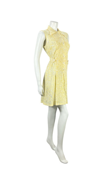 VTG 60S YELLOW WHITE PSYCHEDELIC MOD PLEATED PAISLEY FLORAL MINI SHIRT DRESS 12