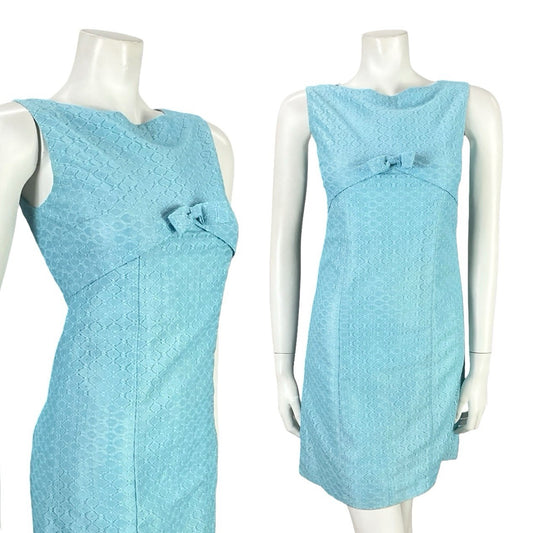 VTG 60S MOD GOGO SKY BLUE LACE EMPIRE LINE BOW BOAT NECK MINI DRESS XS 6