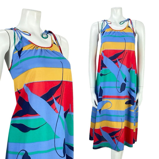 VTG 60S 70S BLUE RED YELLOW GREEN STRIPED GEOMETRIC LEAF TENT DRESS S 8 10
