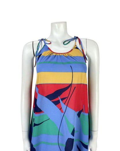 VTG 60S 70S BLUE RED YELLOW GREEN STRIPED GEOMETRIC LEAF TENT DRESS S 8 10
