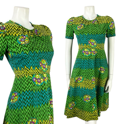 VTG 60S 70S GREEN BLUE PURPLE GEOMETRIC MOD A LINE ZIG ZAG DRESS XS 6