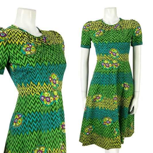 VTG 60S 70S GREEN BLUE PURPLE GEOMETRIC MOD A LINE ZIG ZAG DRESS XS 6