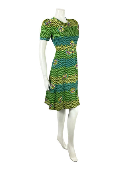 VTG 60S 70S GREEN BLUE PURPLE GEOMETRIC MOD A LINE ZIG ZAG DRESS XS 6