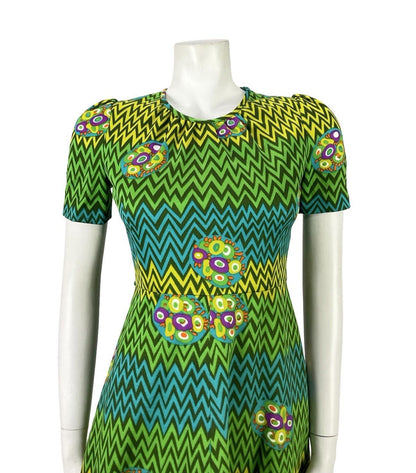 VTG 60S 70S GREEN BLUE PURPLE GEOMETRIC MOD A LINE ZIG ZAG DRESS XS 6