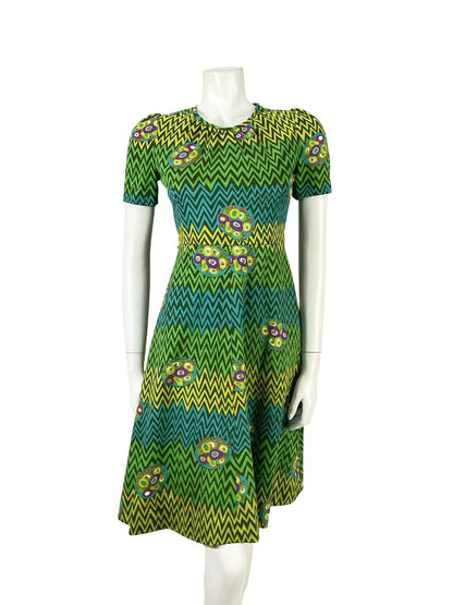 VTG 60S 70S GREEN BLUE PURPLE GEOMETRIC MOD A LINE ZIG ZAG DRESS XS 6