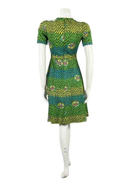 VTG 60S 70S GREEN BLUE PURPLE GEOMETRIC MOD A LINE ZIG ZAG DRESS XS 6