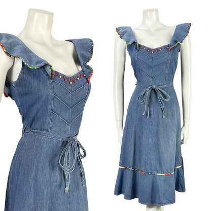 VTG 70S BLUE RED YELLOW DENIM RIC RAC HIPPY RUFFLE BEADED WRAP DRESS 8