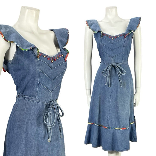 VTG 70S BLUE RED YELLOW DENIM RIC RAC HIPPY RUFFLE BEADED WRAP DRESS 8