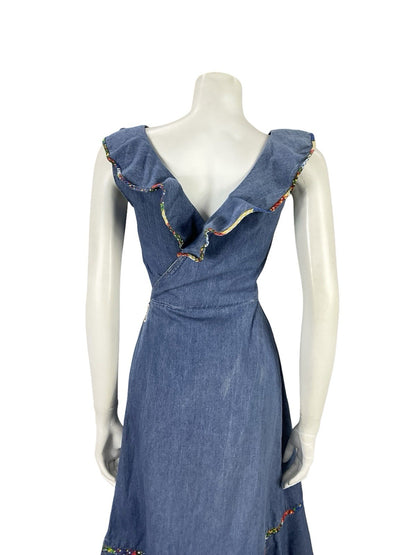 VTG 70S BLUE RED YELLOW DENIM RIC RAC HIPPY RUFFLE BEADED WRAP DRESS 8