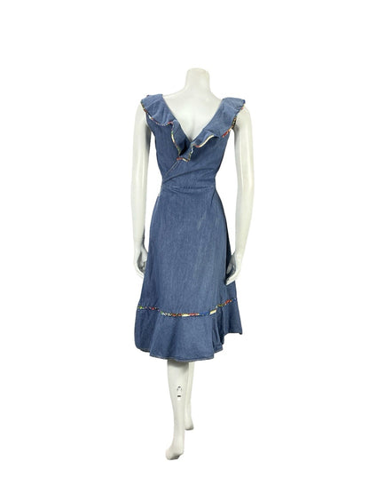 VTG 70S BLUE RED YELLOW DENIM RIC RAC HIPPY RUFFLE BEADED WRAP DRESS 8