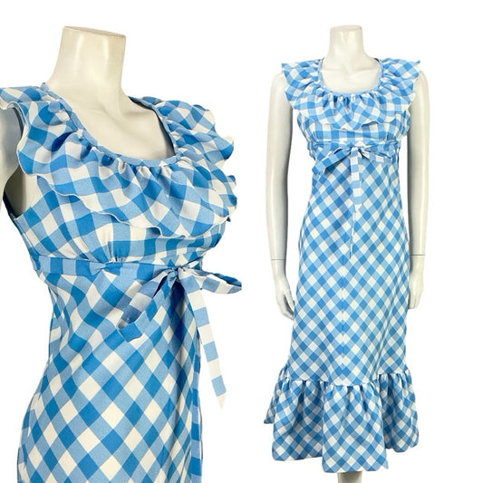 VTG 70S BLUE WHITE RUFFLE EMPIRE GINGHAM BOW COTTAGE PRAIRIE MIDI DRESS 8