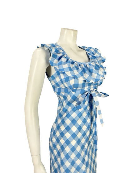 VTG 70S BLUE WHITE RUFFLE EMPIRE GINGHAM BOW COTTAGE PRAIRIE MIDI DRESS 8