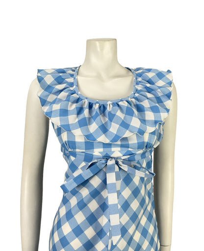 VTG 70S BLUE WHITE RUFFLE EMPIRE GINGHAM BOW COTTAGE PRAIRIE MIDI DRESS 8